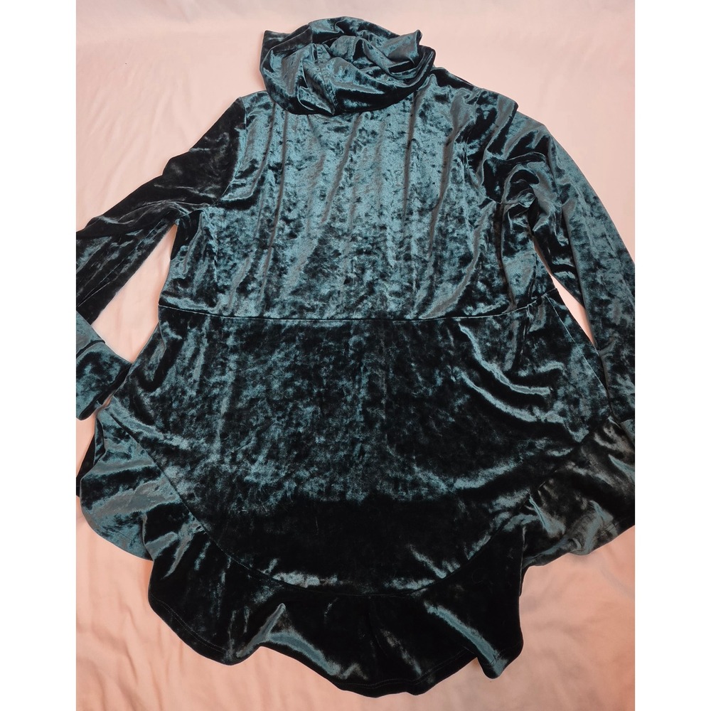 Isaac Mizrahi Live Teal Crushed Velvet Peplum Hoodie Zip Cardigan Whimsigoth 1X - Picture 2 of 5